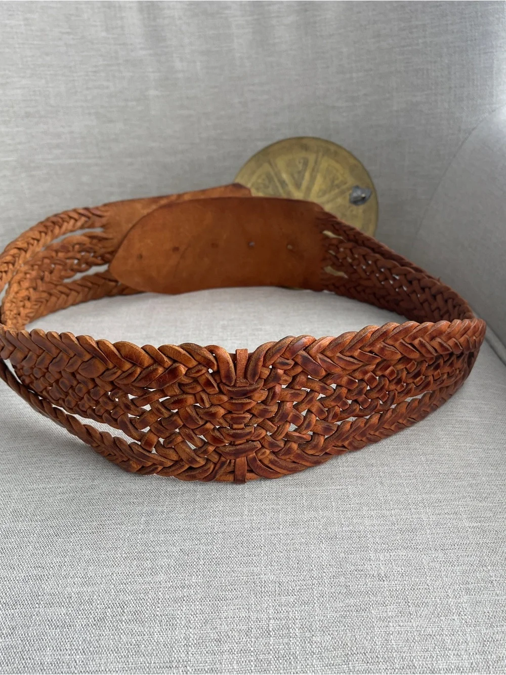 Vintage Moroccan Braided Brown Leather Belt with Large Etched Brass Buckle